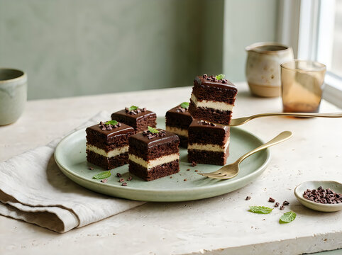 Delicious homemade chocolate brownie squares with a creamy filling served on a rustic ceramic plate