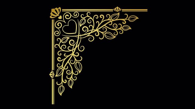 Elegant golden ornamental corner frame with intricate floral heart motifs on black background.