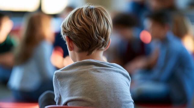 rear view of a lonely schoolboy sitting alone while classmates ignore him in a bright school setting, back to camera, social exclusion concept, bullying awareness, bright, with