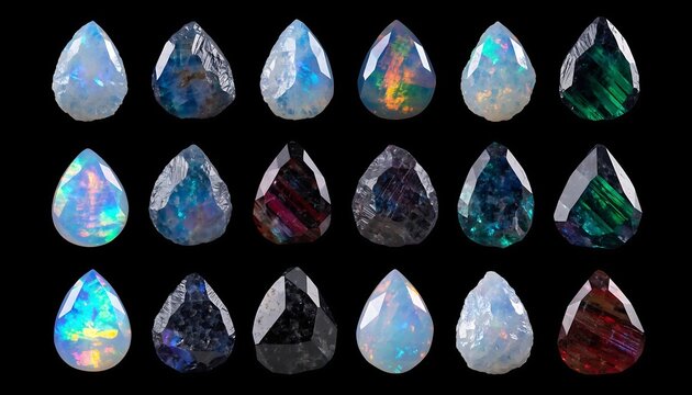 Collection of various multicolored opal gemstones arranged in a neat grid pattern on a black background