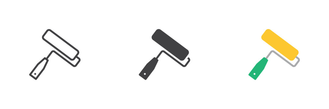Paint roller icon set shows paint roller icon in line, solid and flat colorful color styles. Wall painting tool vector sign and symbol for home repair.