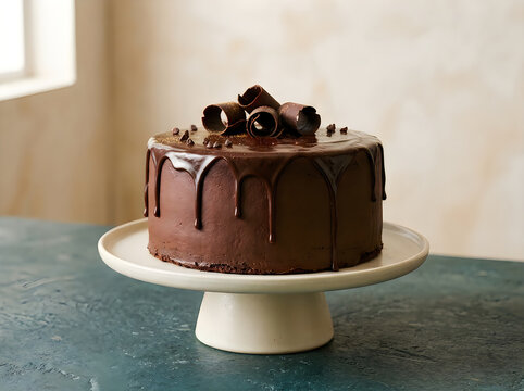 Delicious chocolate cake with chocolate drips and toppings on a white cake stand