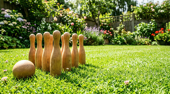 Wooden bowling pins and ball set up on green lawn in garden. Outdoor games, backyard recreation, summer fun.