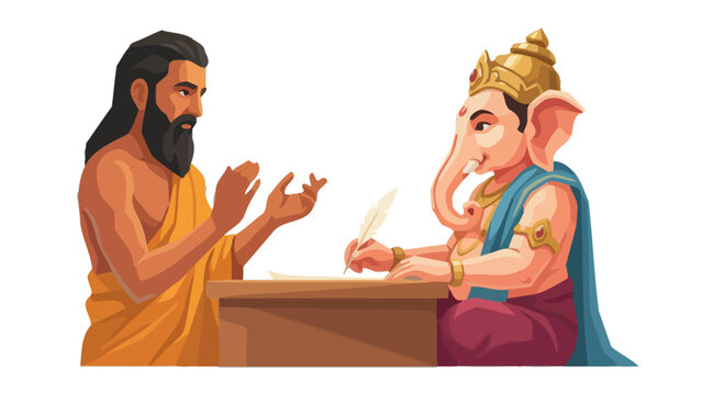 Flat vector illustration of Sage Ved Vyasa reciting the Mahabharata epic to Lord Ganesha writing with a feather quill at a wooden desk on an isolated white background