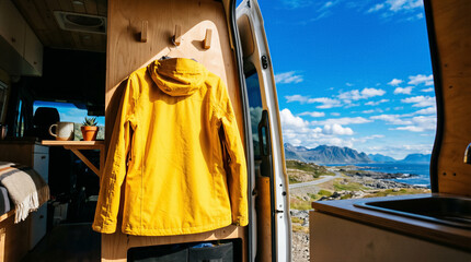 Naklejka premium Yellow jacket hanging inside camper van with open door showing coastal mountains and blue sky. Adventure travel, road trip, outdoor lifestyle.