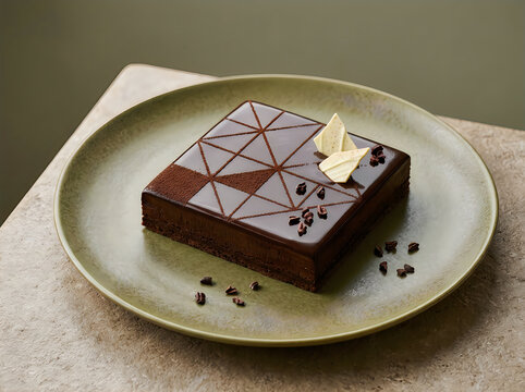 Rich chocolate brownie with a delicate cream swirl served on a pale green plate