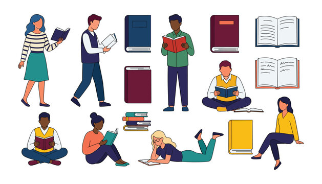 Diverse People Reading Books Icon Set with Students Studying and Learning for Literacy Education Library and Bookstore Vector Illustration Designs