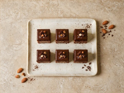 Six decadent chocolate brownies arranged on a patterned plate with scattered hazelnuts