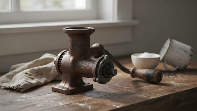 Vintage manual meat grinder with wooden handle on rustic kitchen table