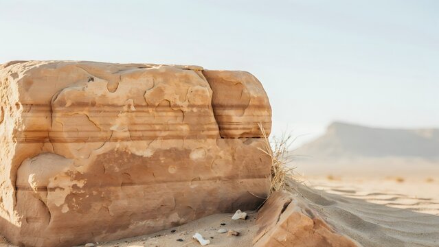 Large Sedimentary Rock Formation on Desert Landscape with Clear Sky