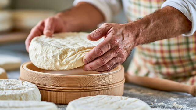 Close-up of hands lifting a freshly made cheese round from a mold, artisan dairy production, handmade gourmet food, detailed texture, culinary craftsmanship, with copy space