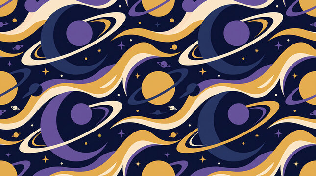 Pixel art space seamless pattern with planets stars rings in dark blue and yellow planets background