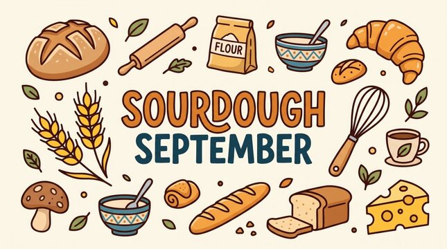 Sourdough September vector banner with handmade artisan bread flour and bakery tools