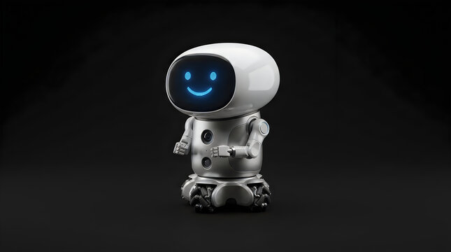 Service Robot on Dark Background. Futuristic Humanoid Robot with Glowing Blue Eyes and a Friendly Expression