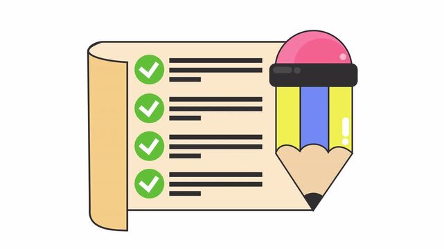 Paper scroll checklist document with green checkmarks and yellow pencil cartoon animation for completed task list notification symbol and data validation element concept isolated on an alpha channel.