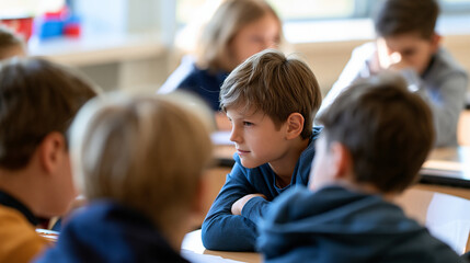 Fototapeta premium rear view of a group of boys surrounding a classmate sitting at a bright school desk, backs to camera, bullying awareness concept, social exclusion, intimidation, bright, with
