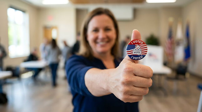 Smiling woman showing her thumb up with an i voted sticker at a polling station during election day
