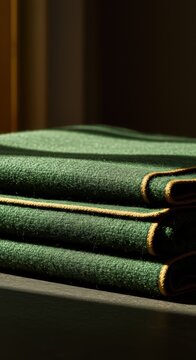 Vertical photo of stacked green wool blankets with gold trim. Neatly folded thick felt throws on a dark background. Close up of textile texture and piping detail