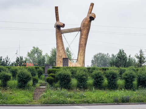 Stepanavan, Armenia - July 18, 2026: steel modern abstract genre sculpture in Stepanavan city in Lori Province of Armenia on overcast summer day