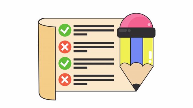 Paper scroll checklist document with green checkmarks red cross marks and yellow pencil cartoon animation for evaluation task symbol and data validation element concept isolated on an alpha channel.