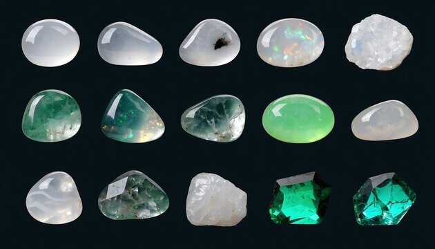 Collection of various polished and raw gemstones featuring shades of green white and iridescent colors