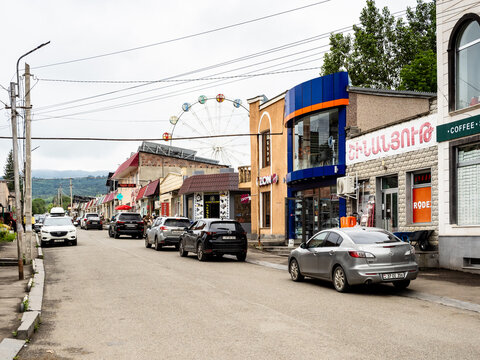 Stepanavan, Armenia - July 18, 2026: shopping street in Stepanavan city in Lori Province of Armenia on overcast summer day