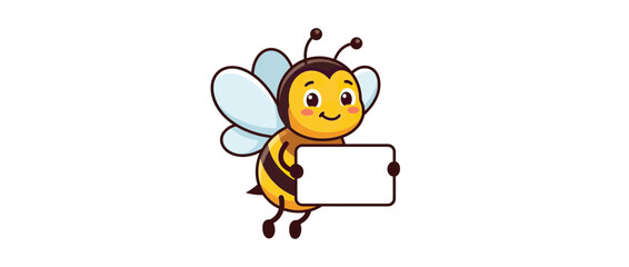 Fototapeta premium Cute cartoon bee character holding blank sign isolated