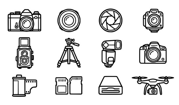 Photography gear vintage cameras lenses vector icons set studio equipment line art collection