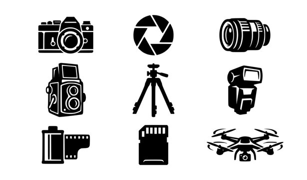 Photography gear vintage cameras lenses vector silhouettes emblem set camera logo collection