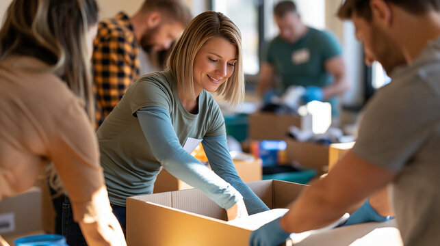 rear view of five volunteers sorting donations of clothes, blankets and food into boxes in a bright community room, backs to camera, teamwork concept, positive atmosphere,