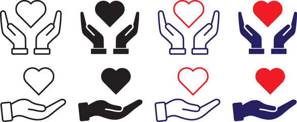 Fototapeta premium Hands holding heart icon set. Charity, donation, love, and care vector symbols. Hands holding heart icon vector set featuring love, healthcare, and donation symbols in flat