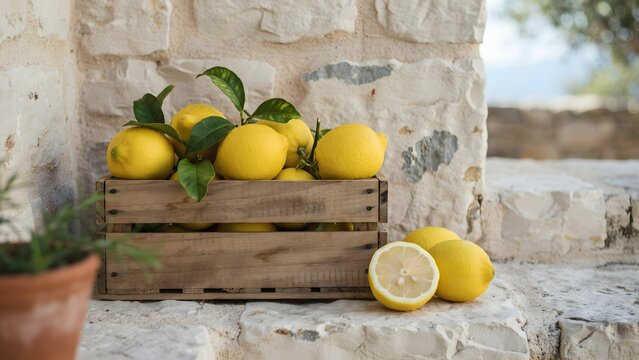 Freshly picked ripe lemons in wooden crate with slice on stone surface outdoor
