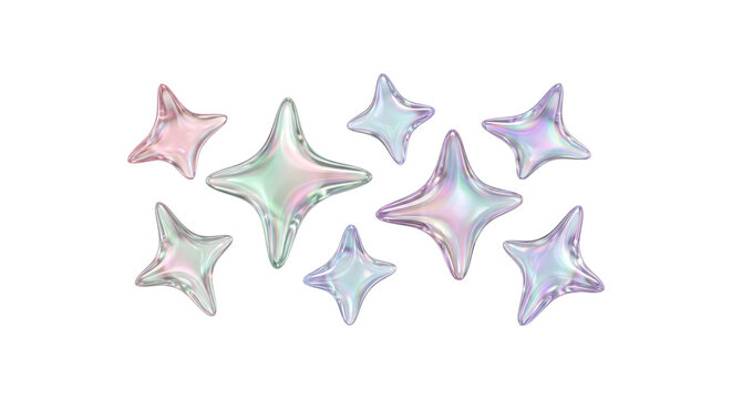 Multiple shiny pastel holographic star shapes isolated on transparent background for party decor.