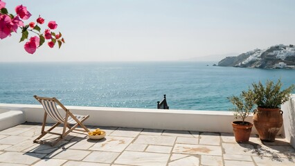 Naklejka premium Serene seaside balcony with wooden chair and potted plants overlooking ocean