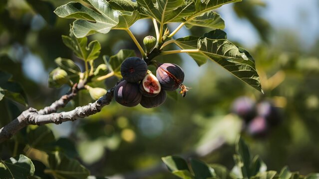 Close-up of fresh ripe figs hanging on tree branch in natural sunlight