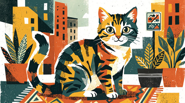 cat sitting on an orange patterned rug amidst potted plants and abstract urban buildings. mid-century modern style