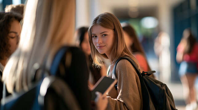 rear view of a group of girls surrounding a stressed classmate while one records on a smartphone in a bright college hallway, backs to camera, bullying awareness concept,