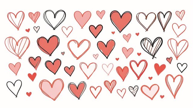Hand-drawn heart collection, red and pink doodle hearts, romantic sketch elements for Valentine's Day and wedding design