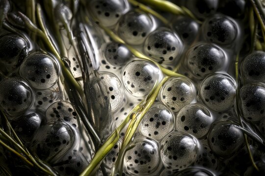 Transparent frog egg, in shallow water with aquatic plants and soft reflections