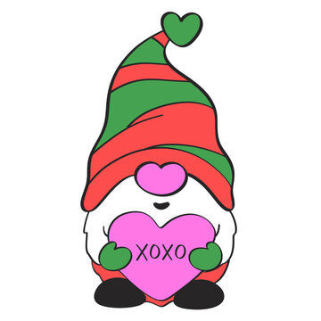 Christmas gnomes cartoon hand drawn doodle. Cute and funny Gnome in red and green Santa costume doing party on gift boxes, 