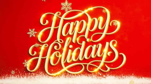 Golden Happy Holidays script on a red background, festive Christmas typography with glowing lights, elegant winter holiday greeting card design