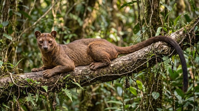 Full Body Fossa of Madagascar in a Tree (Cryptoprocta ferox).