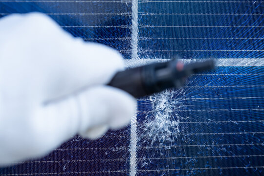 Technician Inspecting a Cracked Solar Panel with Electrical Connector