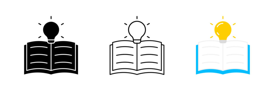 Glowing Light Bulb and Open Book Icon Set for Education, Learning, and Knowledge Concept. Vector Illustration