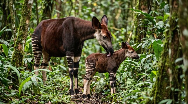 Mother Okapi Grooming and Caring for Her Calf in the African Forest (Okapia johnstoni).