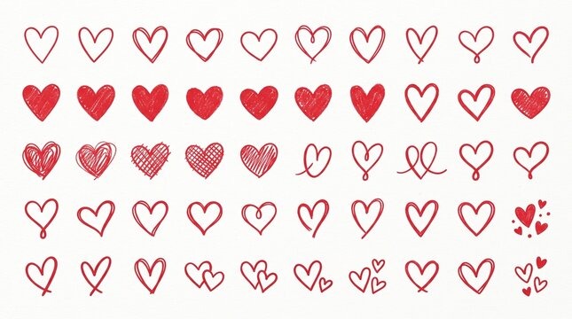 A collection of hand-drawn red heart shapes and doodle sketches isolated on a white background for romantic design elements and valentines day projects