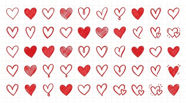 A collection of hand-drawn red heart shapes and doodles for romantic graphic design elements and Valentine's Day greeting cards