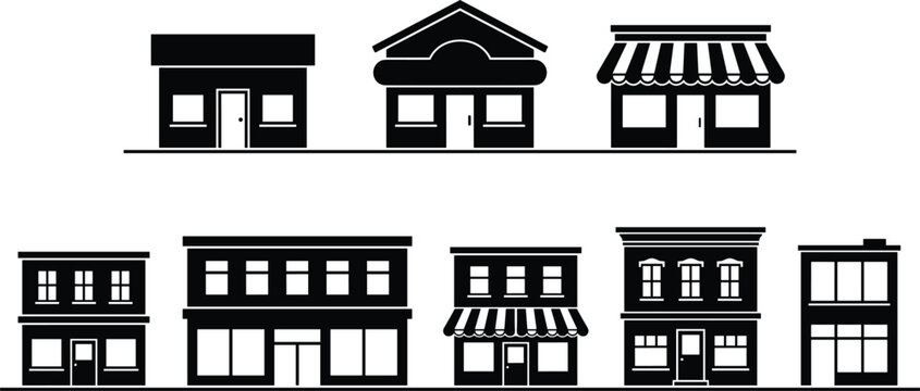 Small town retail storefront building facade collection with local business shop awnings flat black vector silhouette icons