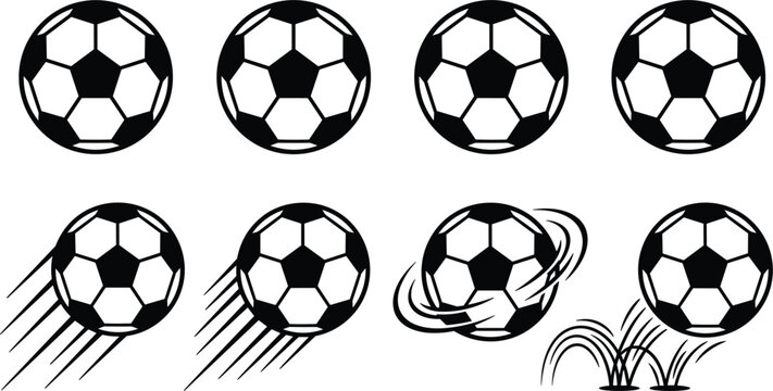 Soccer ball icon set with flying bouncing spinning and moving classic football design elements graphic collection