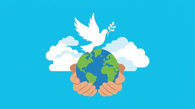 Hands holding globe with peace dove illustration